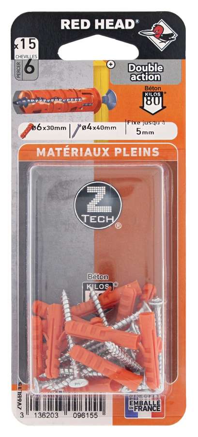 15 Chevilles Ztech Matériaux Pleins Ø6x30mm + Vis TF Ø4x40mm - RED HEAD