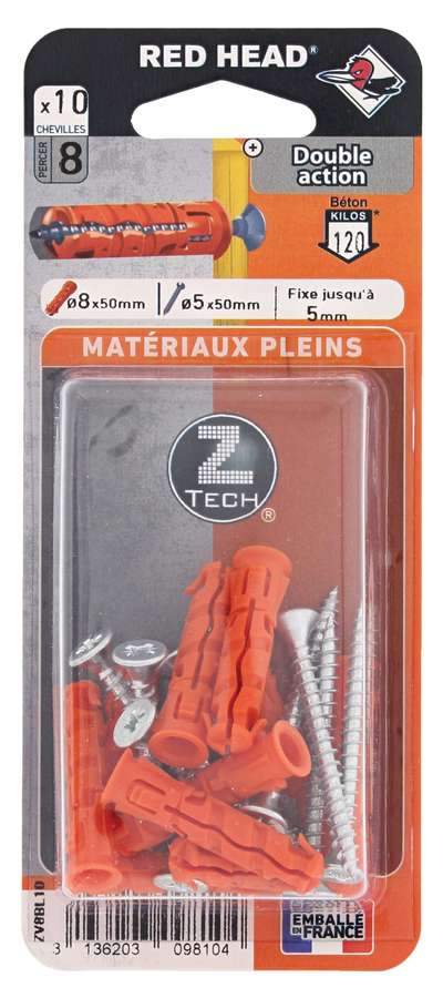 10 Chevilles Ztech Matériaux Pleins Ø8x50mm + Vis Ø5x50mm - RED HEAD